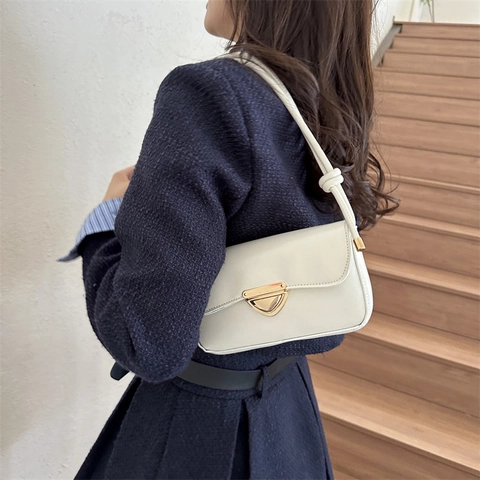 Vintage Minimalist PU Leather Underarm Bag For Women Urban Fashion Triangle Lock Shoulder Bag Solid Color Square Baguette Bag
