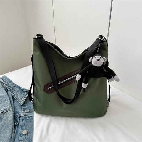 Damen Große Kapazität Segeltuch Tote Bag Casual Schultertasche Mit Kontrast-Reißverschluss Affe Plüsch Anhänger Straßenmode Handtasche
