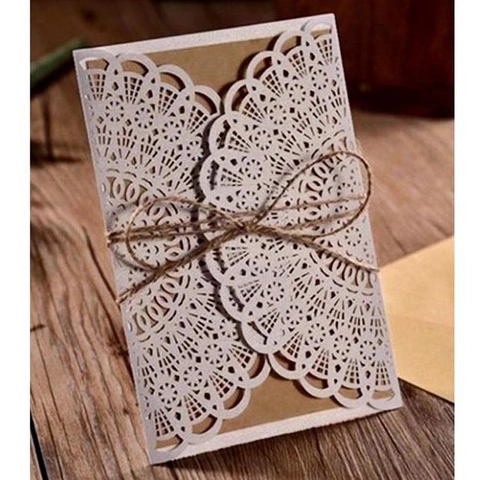 Laser Cut Hollow Wedding Invitations Pearl Paper Lace Floral Cards Kraft Inner Card Hemp Rope Envelope Party Supplies