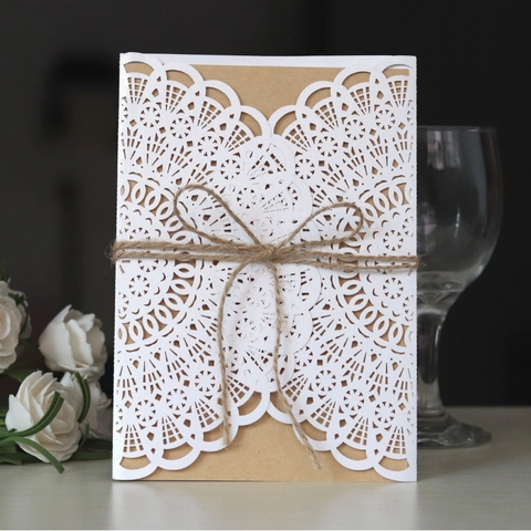 Laser Cut Hollow Wedding Invitations Pearl Paper Lace Floral Cards Kraft Inner Card Hemp Rope Envelope Party Supplies