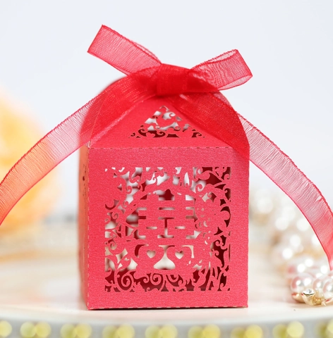 Chinese Wedding Hollow Laser Cut Candy Box Double Happiness Xi Character Pearlescent Paper Gift Box With Ribbon Party Favors