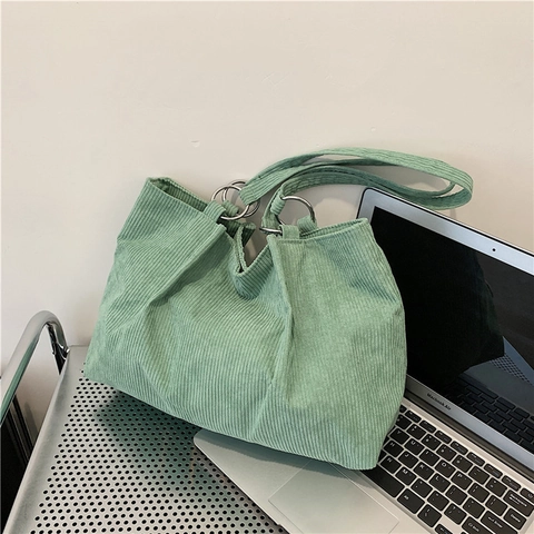 Bolso Tote de Pana Casual para Mujer Gran Capacidad Color Sólido Bolso de Hombro Con Detalle de Anillo de Metal Moda