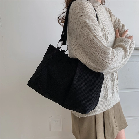 Bolso Tote de Pana Casual para Mujer Gran Capacidad Color Sólido Bolso de Hombro Con Detalle de Anillo de Metal Moda