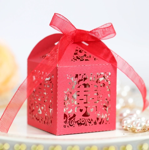 Chinese Wedding Hollow Laser Cut Candy Box Double Happiness Xi Character Pearlescent Paper Gift Box With Ribbon Party Favors