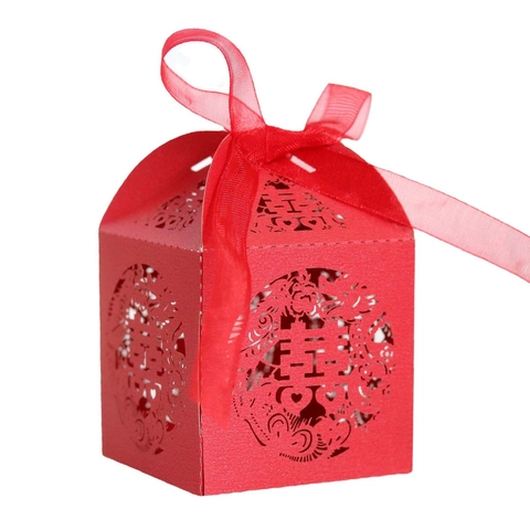 Laserschnitt Hochzeit Süßigkeiten Box Chinesisch Double Happiness Hohl Papier Geschenkbox Mit Satin Schleife Party Box
