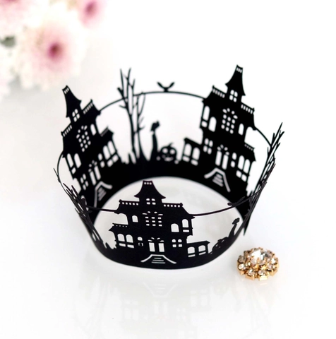 Halloween Involucri per Cupcake Taglio Laser Castello Cavo Zucca Pipistrello Fodere per Torte in Carta Decorativa per Decorazione Festa
