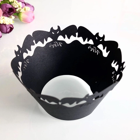 Halloween Bat Hollow Cupcake Wrappers Laser Cut Cardboard Cake Borders For Festival Party Baking Decoration Black Orange Gold Silver