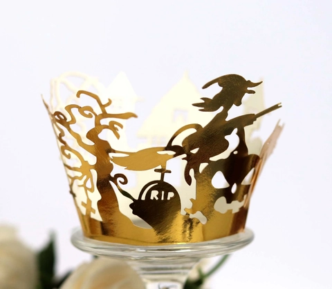 Halloween Witch Castle Laser Cut Cupcake Wrappers Hollow Cardboard Pearl Paper Cake Decoration For Festive Party Supplies