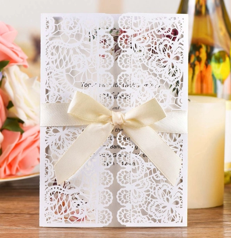 European Laser Cut Wedding Invitation With Ribbon Pearlescent Paper Lace Floral Greeting Card For Marriage Party Engagement