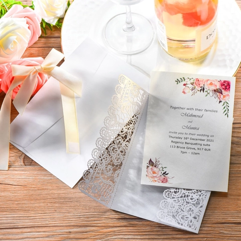 European Laser Cut Wedding Invitation With Ribbon Pearlescent Paper Lace Floral Greeting Card For Marriage Party Engagement