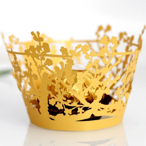 Caissette à Cupcake Découpe Laser Ajourée Papier Perlé Fleur de Prunier Branches Florales Décoration Table Dessert Mariage Fête Accessoires Pâtisserie