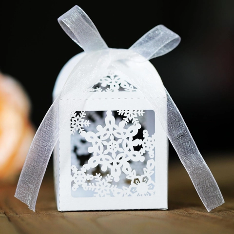 Caja de Caramelos Calada Copo de Nieve Corte Láser Con Lazo Embalaje de Regalo para Boda Navidad Fiesta