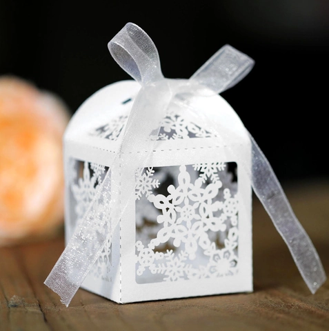 Caja de Caramelos Calada Copo de Nieve Corte Láser Con Lazo Embalaje de Regalo para Boda Navidad Fiesta