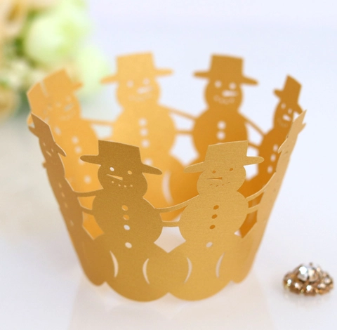 Christmas Snowman Laser Cut Cupcake Wrappers Pearl Paper Hollow Decorative Cake Borders For Holiday Wedding Birthday Party