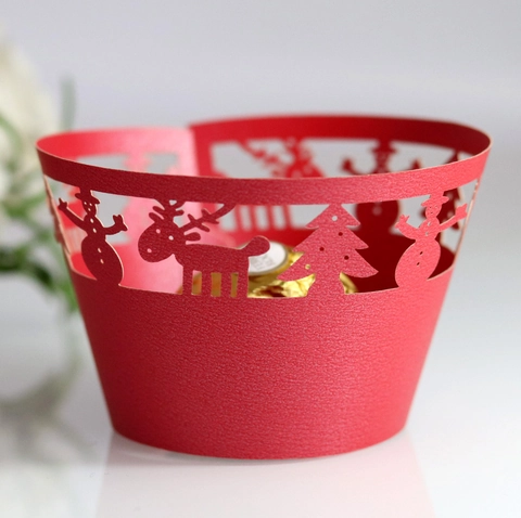 Laser Cut Christmas Cupcake Wrappers Reindeer Snowman Christmas Tree Design Hollow Paper Cake Decorating Liners Holiday Party