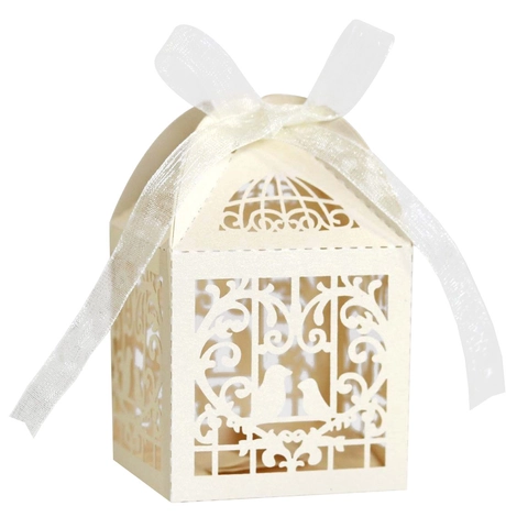 Laser Cut Birdcage Candy Box Pearlescent Paper Gift Box With Ribbon For Wedding Party Valentine's Day Favor Packaging
