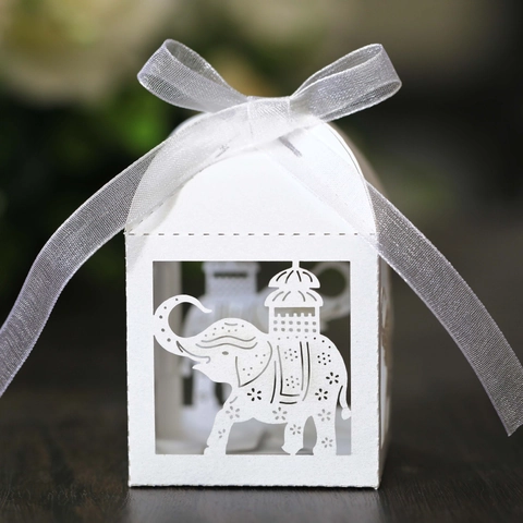 Lasergesneden Hol Olifant Bruiloft Bedankje Snoepdoos Met Strik Elegante Parelmoerpapier Geschenkdoos Voor Feest