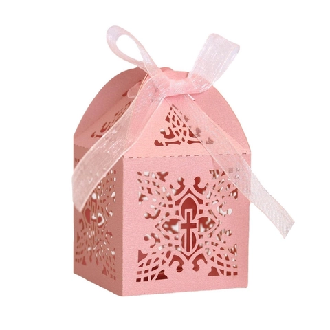 Laser-Ausschnitt Kreuz Bonbonschachtel Mit Band Elegant Perlmuttpapier Hohl Geschenkbox Für Hochzeit Party Taufe Dekoration