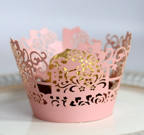 Laser Cut Rose Flower Hollow Cupcake Wrappers Pearlescent Paper Cake Decor Borders For Wedding Birthday Party Dessert Table Decor