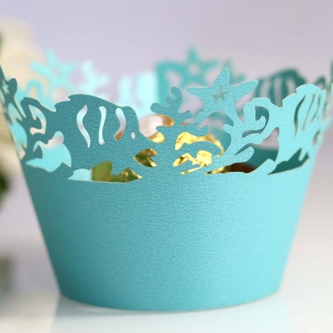Laser Cut Ocean Theme Cupcake Wrappers Pearlescent Paper Sea Star Coral Fish Hollow Cake Decoration For Wedding Birthday Party Favors