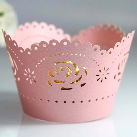 Laser Cut Rose Flower Cupcake Wrapper Pearlescent Paper Hollow Muffin Cup Decorative Liner For Wedding Birthday Party Decoration