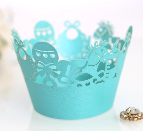 Laser Geschnitten Baby Kutsche Cupcake Förmchen Hohl Perlmuttpapier Muffin Tasse Dekorative Liner Für Baby Shower Geburtstag