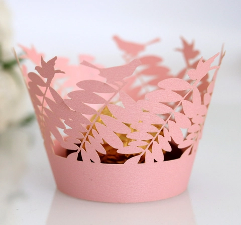 Laser Cut Cupcake Wrappers Bird Leaf Hollow Pearlescent Paper Cake Decorations For Wedding Birthday Party Table Ornament