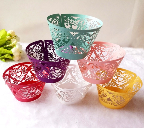 Laser Cut Heart Floral Pearl Paperboard Cupcake Wrappers For Wedding Birthday Party Decorations Cake Decorative Lace Edge