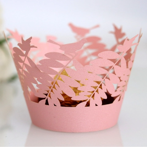 Laser Cut Bird Leaf Cupcake Wrappers Pearlescent Paper Cake Decor Liners For Wedding Birthday Party Favors Celebration Event Decoration