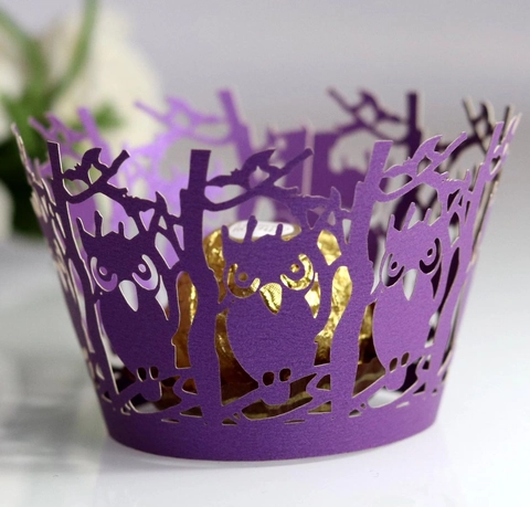 Laser Geschnitten Halloween Eule Fledermaus Cupcake-Manschetten Perlmuttpapier Hohl Dekorative Kuchenränder Für Halloween Party Bedarf
