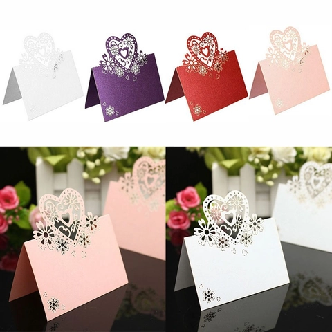 Segnaposto in Carta Perlata Taglio Laser Cuore Fiore per Matrimonio Banchetto Tavolo Nome Auguri Carte Pieghevoli Intagliate Decorazione Feste