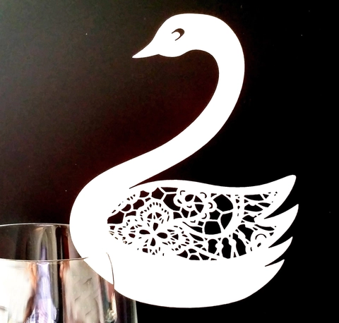 Segnaposto in Vetro da Vino a Forma di Cigno Intagliato al Laser Carta Perlata in Pizzo per Matrimonio San Valentino Banchetto Festa Decorazione