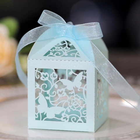 Caja de Dulces de Papel Cortado con Láser Mariposa Flor Cajas de Regalo de Boda Con Cinta Decoración Elegante de Fiesta