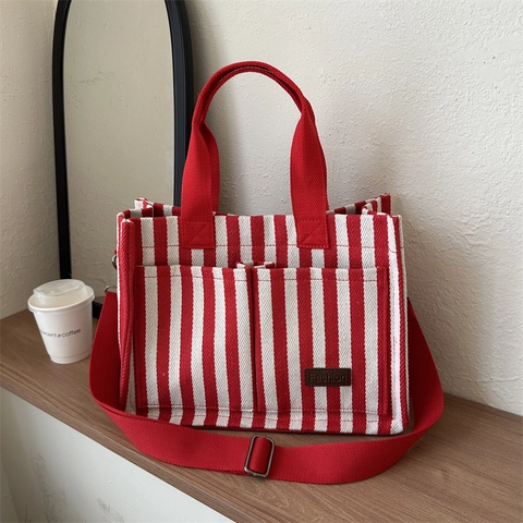 Borsa Tote in Tela a Righe da Donna Grande Capacità Borsa a Tracolla a Righe Verticali Con Tracolla Regolabile Borsa Shopper