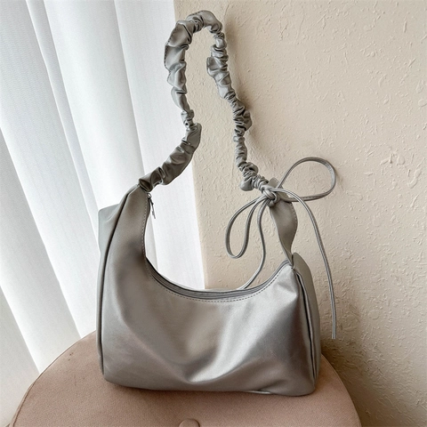 Bolso Hobo de Cuero PU de Moda para Mujer Color Sólido Correa Fruncida Bolso de Axila Bolso de Mano Versátil para Diario