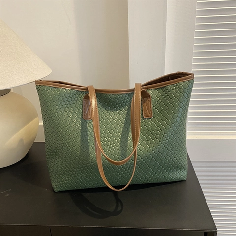 Bolso Tote Minimalista de Cuero PU Tejido para Mujer Moda Casual Color Sólido Diario Viaje Gran Capacidad Bolso de Hombro