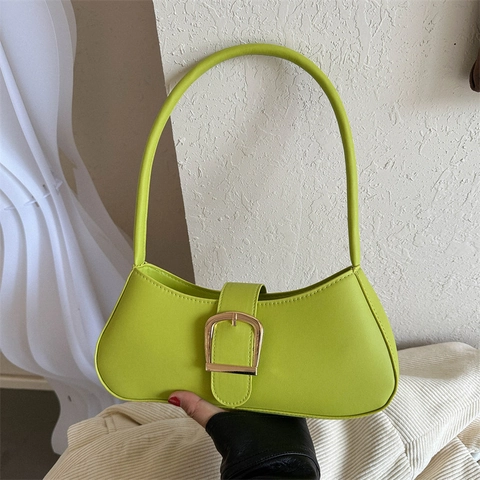 Bolso de Axila de Cuero PU para Mujer Moda Color Sólido Bolso de Hombro Baguette Con Gran Hebilla Dorada Bolso de Mano Urbano
