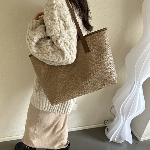 Bolso Tote Minimalista de Cuero PU Tejido para Mujer Moda Casual Color Sólido Diario Viaje Gran Capacidad Bolso de Hombro