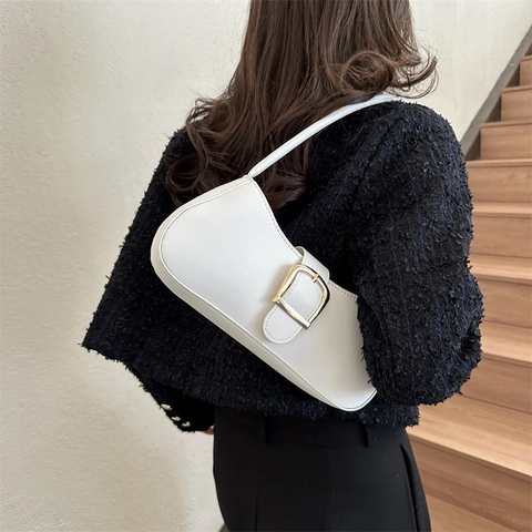 Bolso de Axila de Cuero PU para Mujer Moda Color Sólido Bolso de Hombro Baguette Con Gran Hebilla Dorada Bolso de Mano Urbano