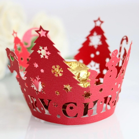 Laser Hollow Christmas Cupcake Wrappers Pearlescent Paper Christmas Tree Snowman Party Baking Cake Decoration Ornaments