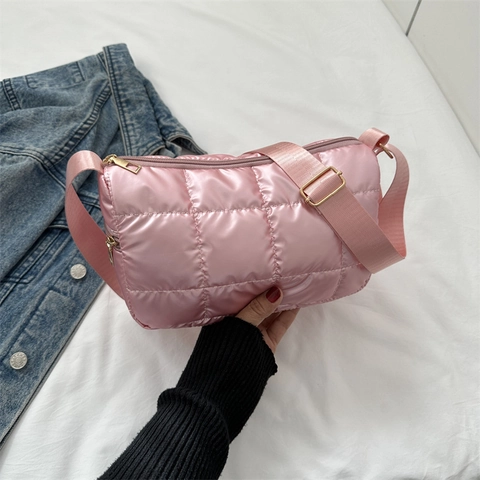 Women Quilted Puffer Shoulder Bag Shiny Cotton Padded Square Grid Crossbody Bag Large Capacity Urban Simple Tote Handbag