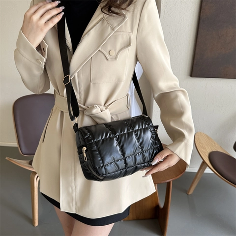 Women Quilted Puffer Shoulder Bag Shiny Cotton Padded Square Grid Crossbody Bag Large Capacity Urban Simple Tote Handbag