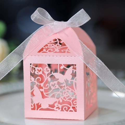 Caja de Dulces de Papel Cortado con Láser Mariposa Flor Cajas de Regalo de Boda Con Cinta Decoración Elegante de Fiesta