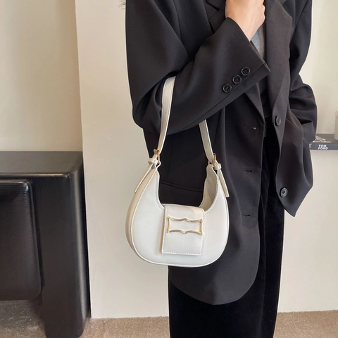 Bolso Hobo de Media Luna para Mujer de Cuero PU Textura Denim Minimalista Color Sólido Hebilla Dorada Bolso de Hombro Moda Diario