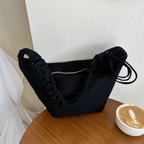 Large Capacity Canvas Shoulder Bag For Women Ruched Strap Korean Style Hobo Underarm Bag Leisure Solid Color Tote Handbag