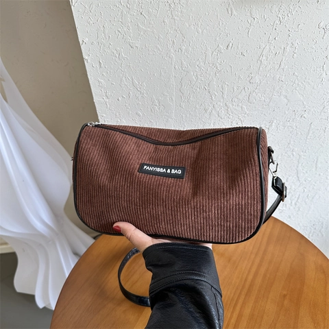 Bolso de Hombro de Pana de Moda para Mujer Color Sólido Rayado Vintage Bolso Cuadrado Pequeño para Conmutar Diario