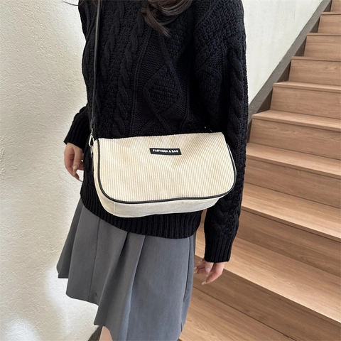 Bolso de Hombro de Pana de Moda para Mujer Color Sólido Rayado Vintage Bolso Cuadrado Pequeño para Conmutar Diario
