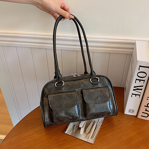Borsa da Sottobraccio Vintage in Pelle PU per Donna Grande Capacità Doppie Tasche Frontali Tracolla Effetto Invecchiato Borsa Retro