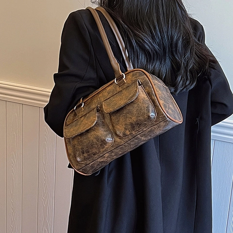 Borsa da Sottobraccio Vintage in Pelle PU per Donna Grande Capacità Doppie Tasche Frontali Tracolla Effetto Invecchiato Borsa Retro