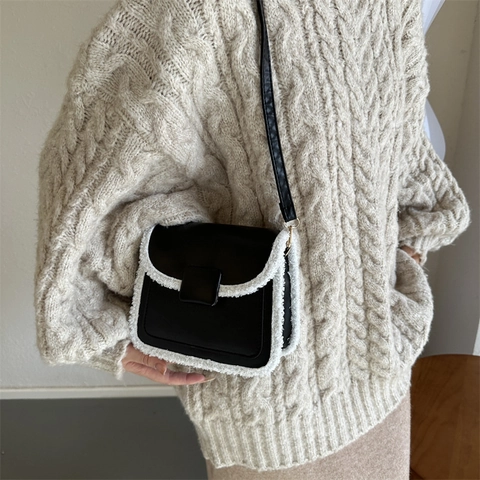 Bolso de Hombro Pequeño Cuadrado para Mujer de Cuero PU con Patchwork de Lana de Cordero Bolso de Mensajero de Color Sólido